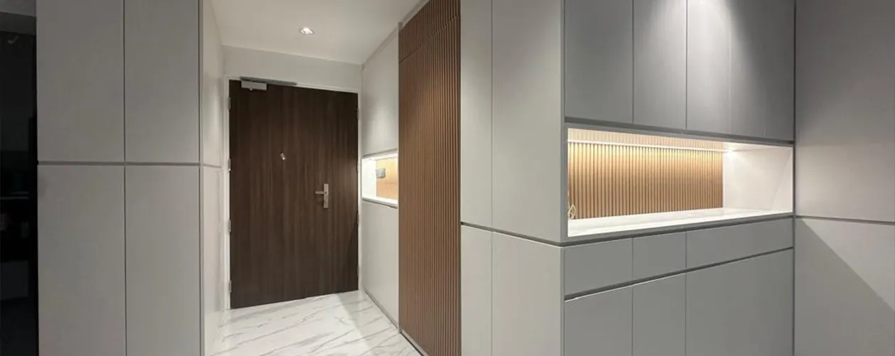 Entrance foyer cabinet with shoe storage customised by San Mu for Singapore flat